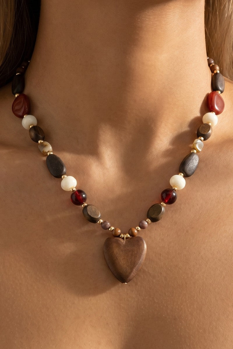 Wood Chunky Bead Heart Pendant Necklace