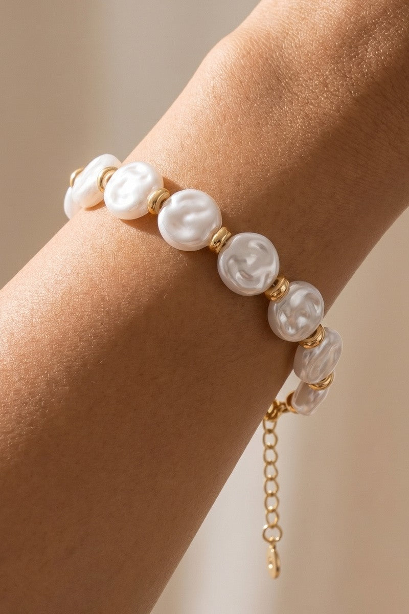 Flat Round Pearl & Gold Disc Bracelet