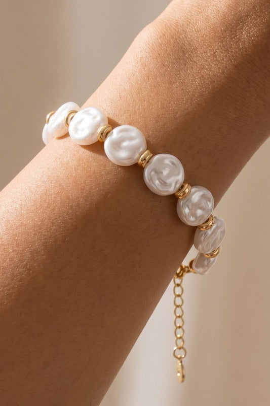 Flat Round Pearl & Gold Disc Bracelet