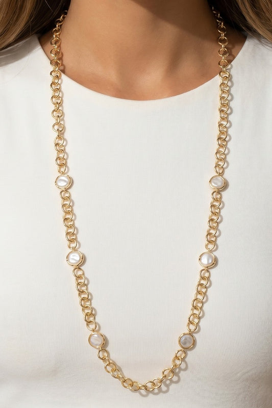 Round Pearl Disk & Round Chain Link Long Necklace