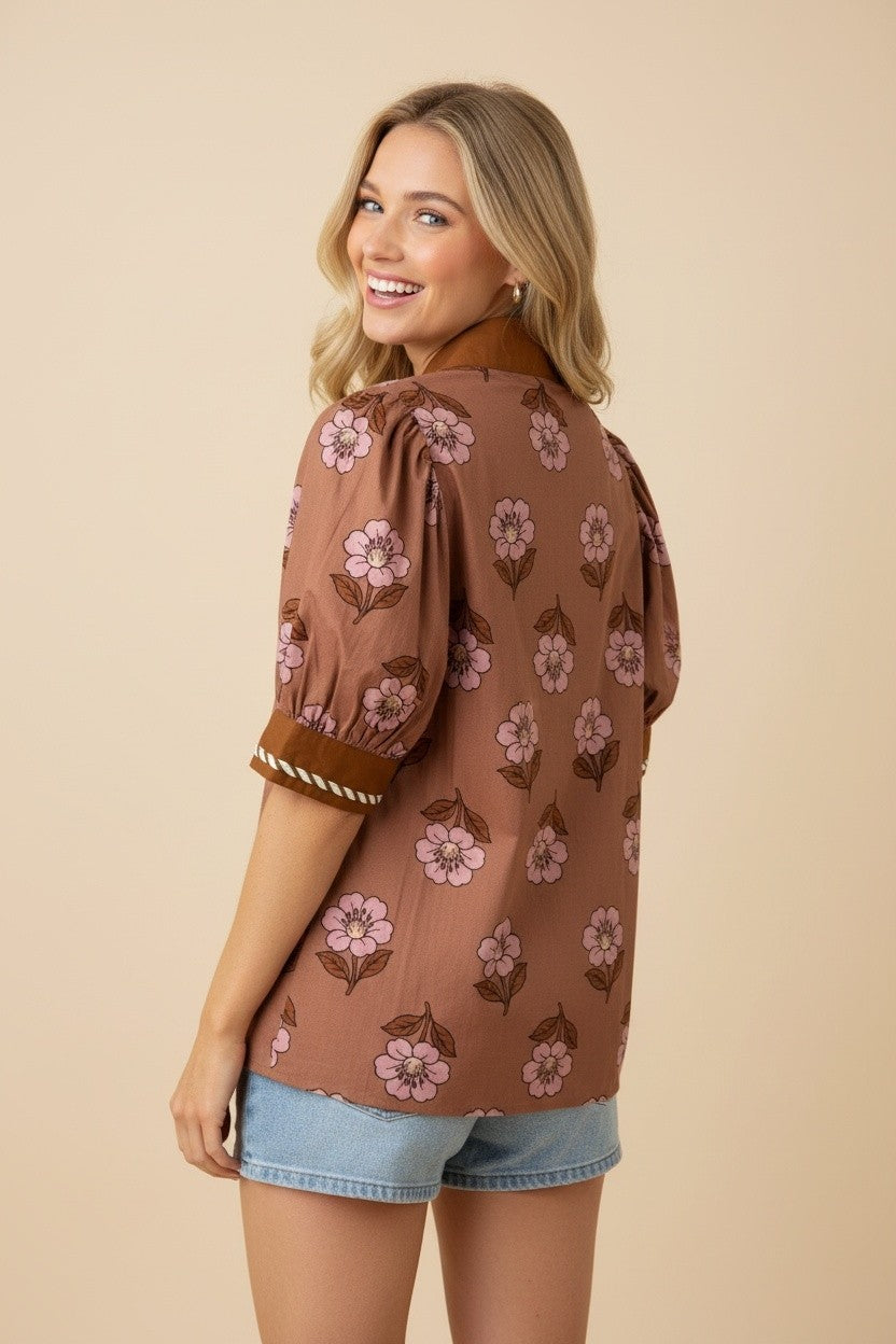 Floral Puff Banded Sleeve Stripe Trim Top-Brown