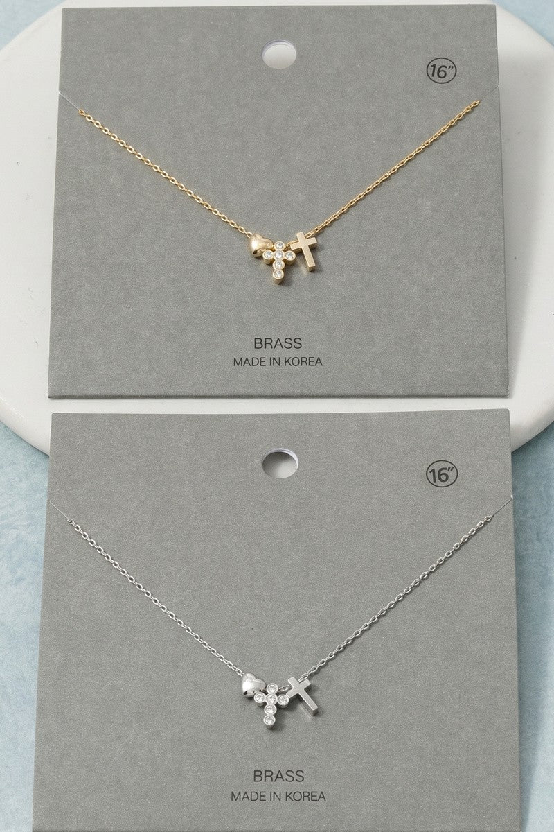 Dainty Heart & Double Cross Charms Necklace