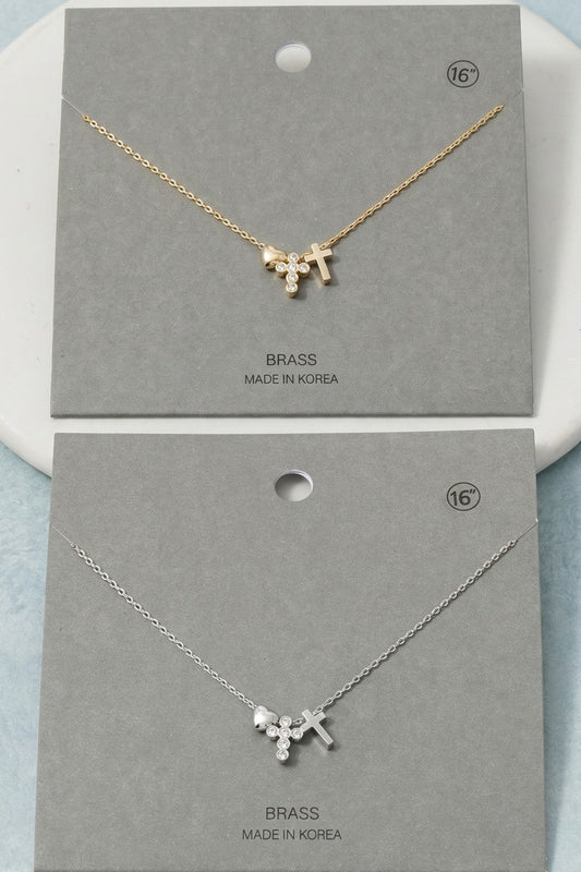Dainty Heart & Double Cross Charms Necklace