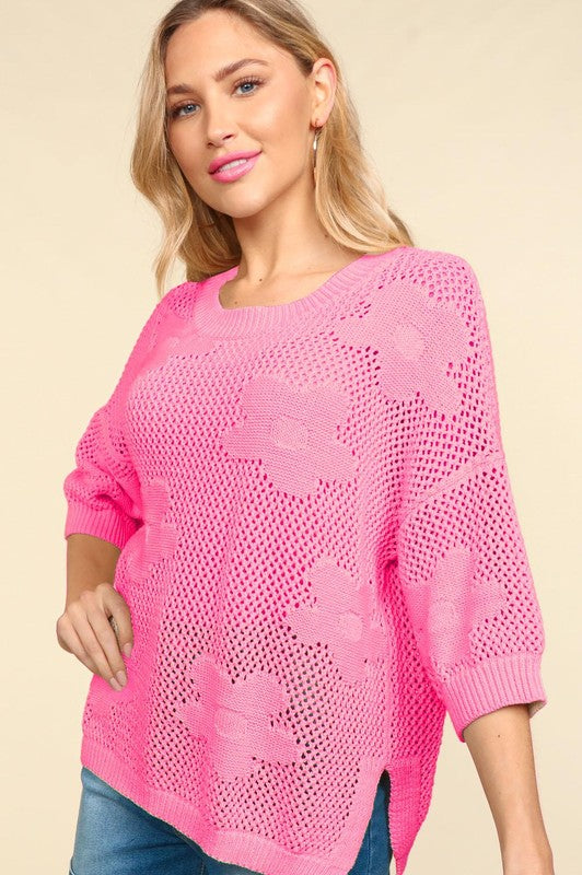 Floral Crochet 3/4 Sleeve Top-Pink