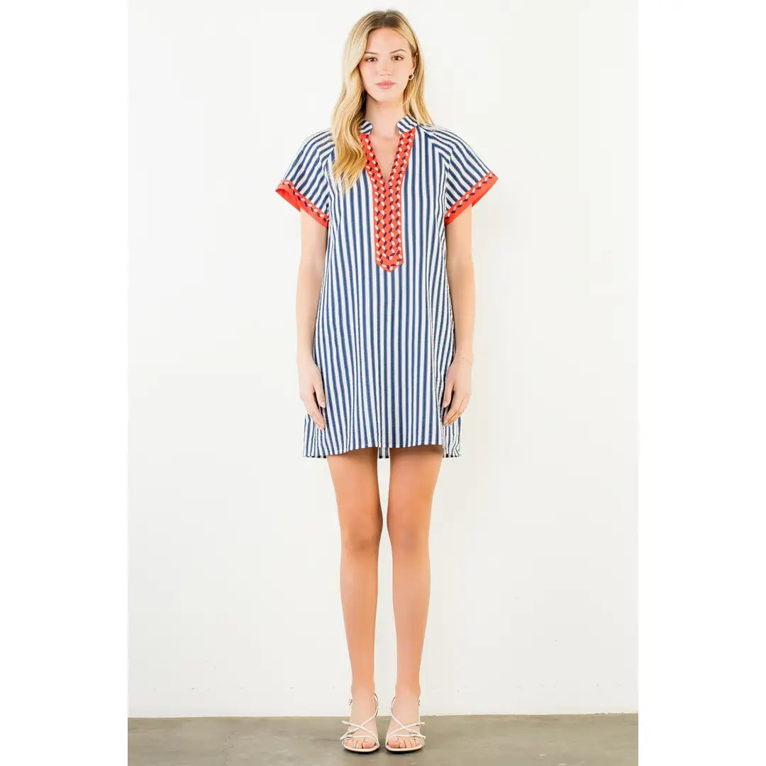 Striped Textured Embroidered Yoke Dress-Navy