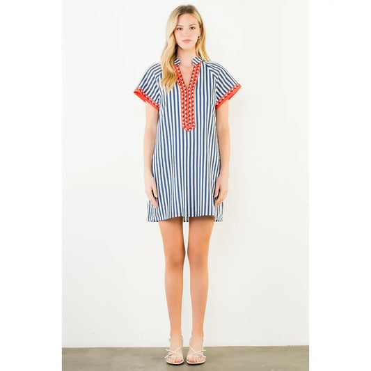 Striped Textured Embroidered Yoke Dress-Navy