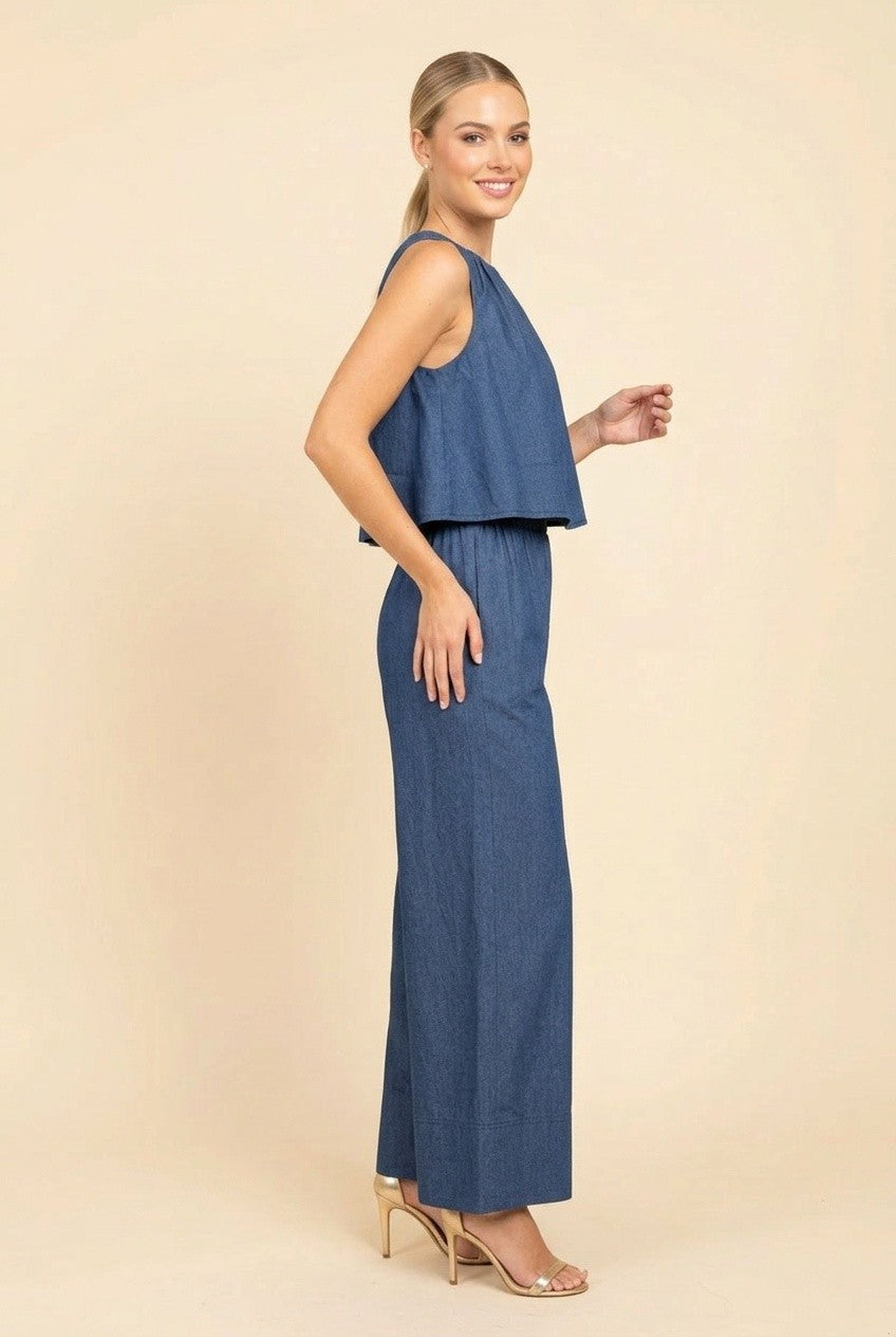 Sleeveless Denim Popover Wide Leg Jumpsuit