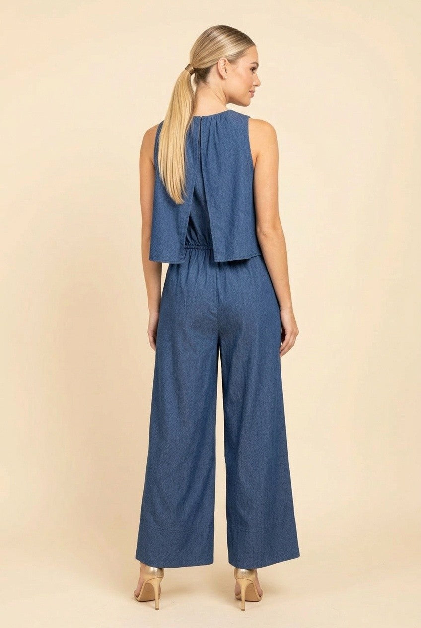 Sleeveless Denim Popover Wide Leg Jumpsuit