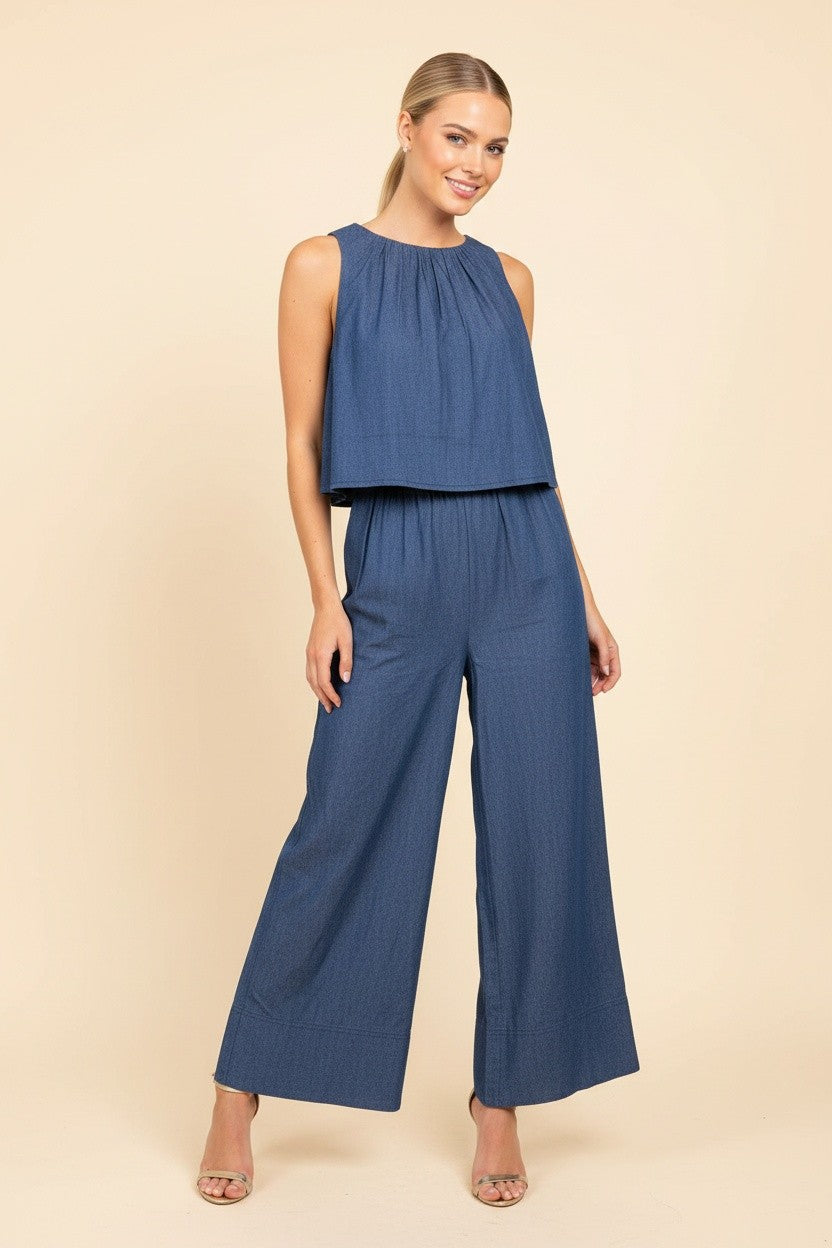 Sleeveless Denim Popover Wide Leg Jumpsuit