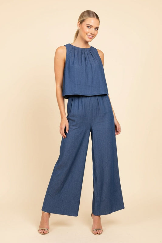 Sleeveless Denim Popover Wide Leg Jumpsuit