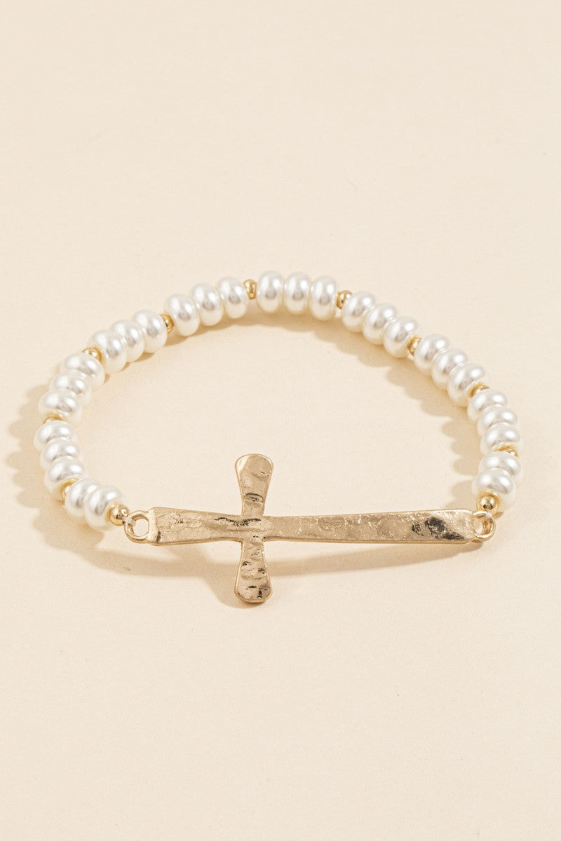 Pearl Sideways Large Cross Bracelet