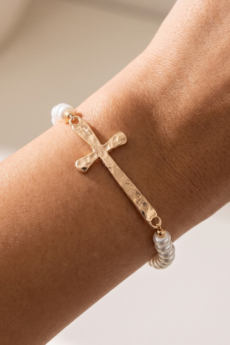 Pearl Sideways Large Cross Bracelet