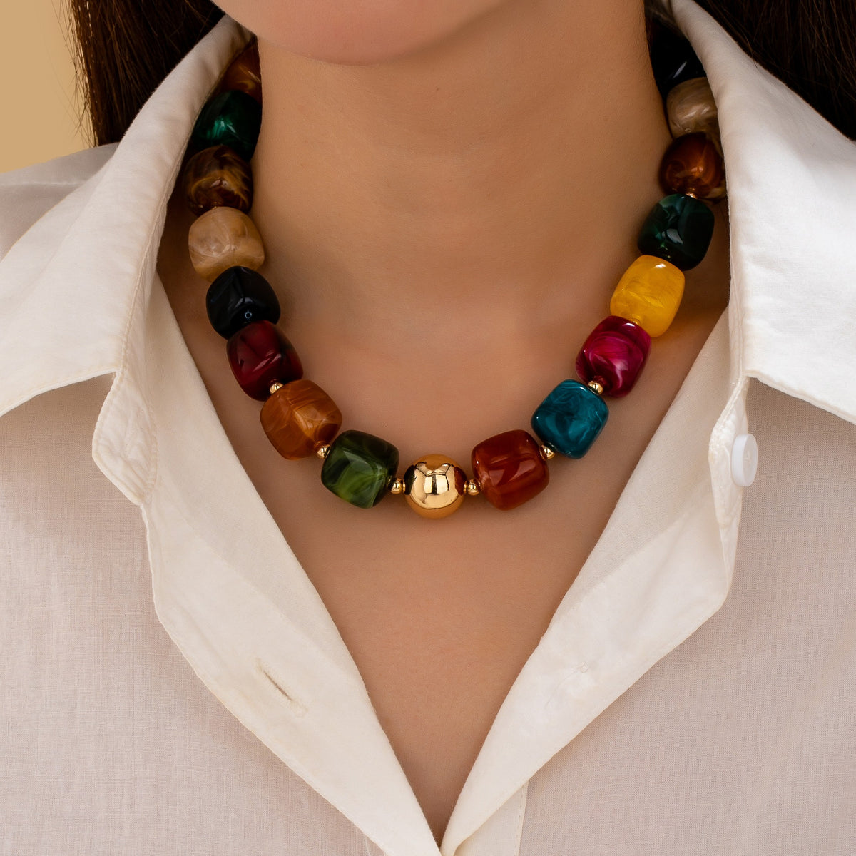 Jewel Tone Chunky Cube Beaded Necklace