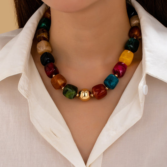 Jewel Tone Chunky Cube Beaded Necklace