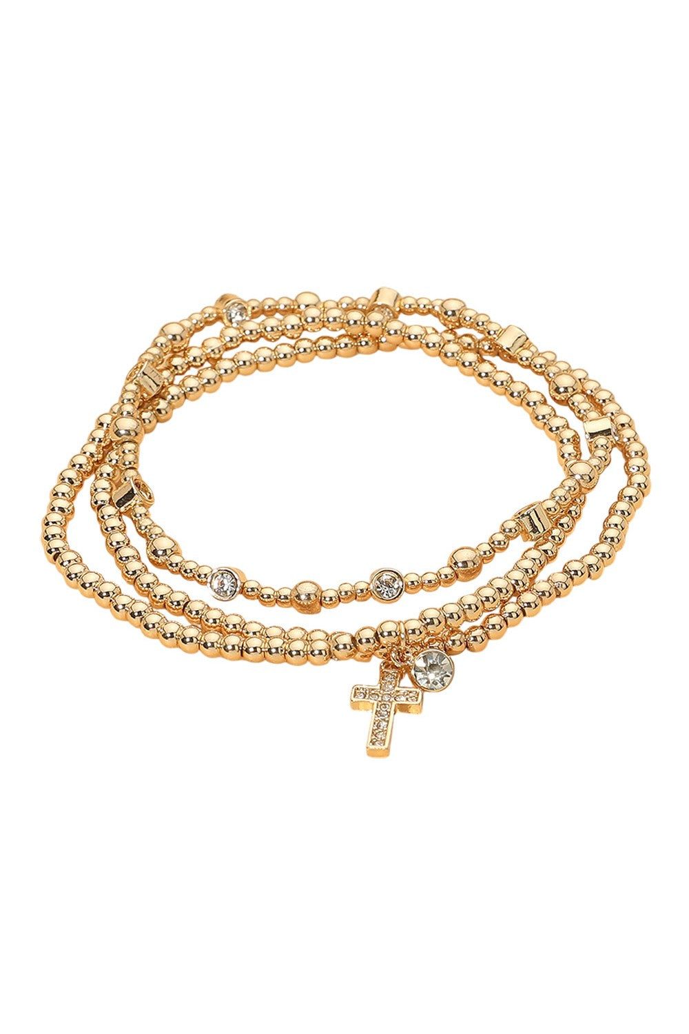 Gold Ball Bead Sparkle Cross Bracelet Set
