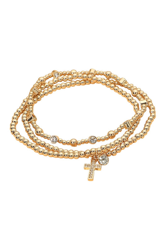 Gold Ball Bead Sparkle Cross Bracelet Set