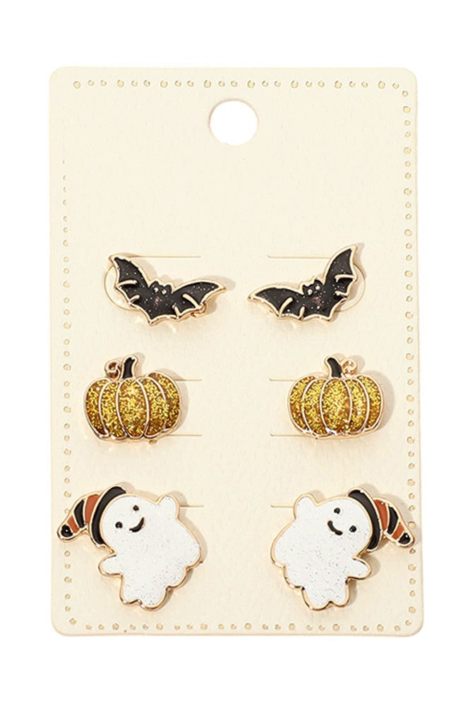 Bat, Glitter Pumpkin & Ghost Stud Earring Set
