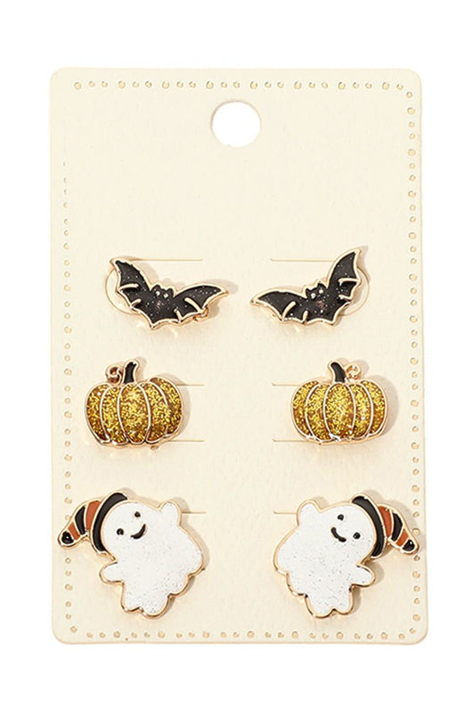 Bat, Glitter Pumpkin & Ghost Stud Earring Set