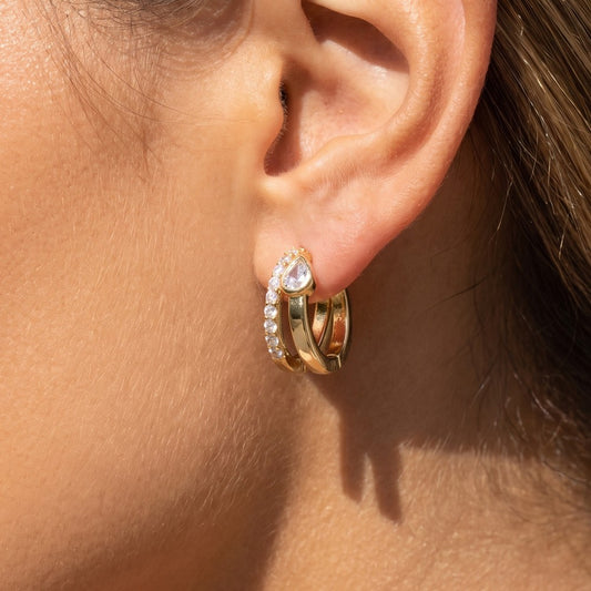 Pave & Teardrop Double Huggie Hoop Earring
