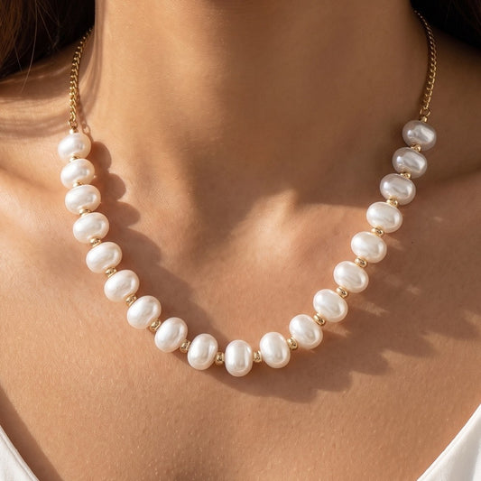 Spaced Oval Pearl & Chain Necklace