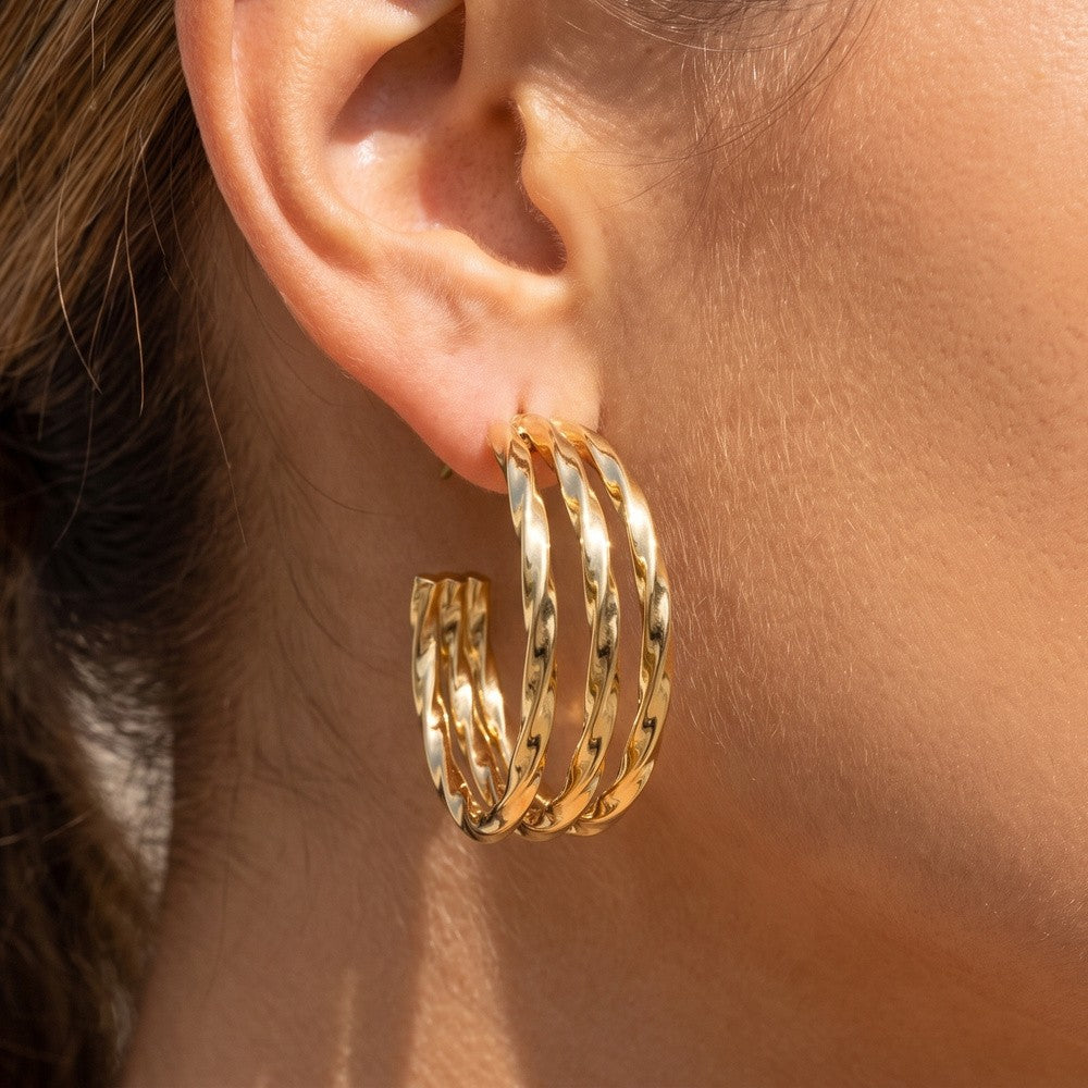 Twist Triple Medium Hoop Earring-Gold