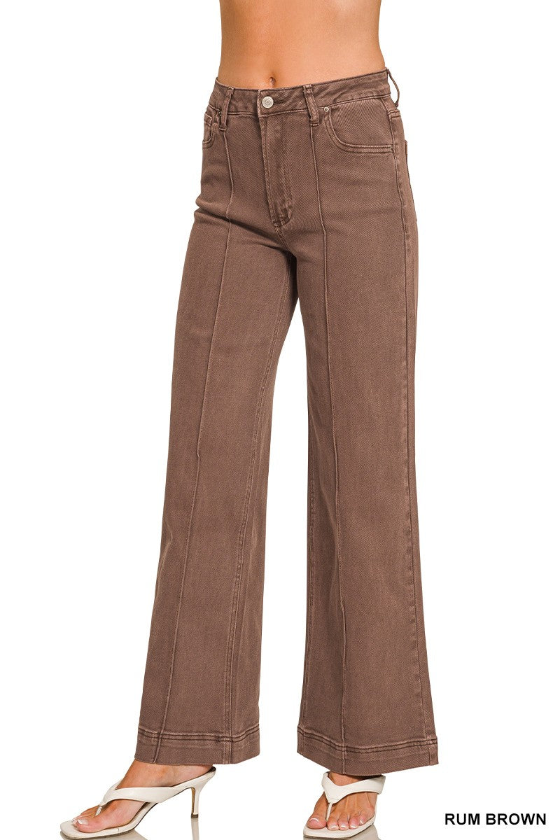High Rise Front Seam Wide Leg Denim -Brown