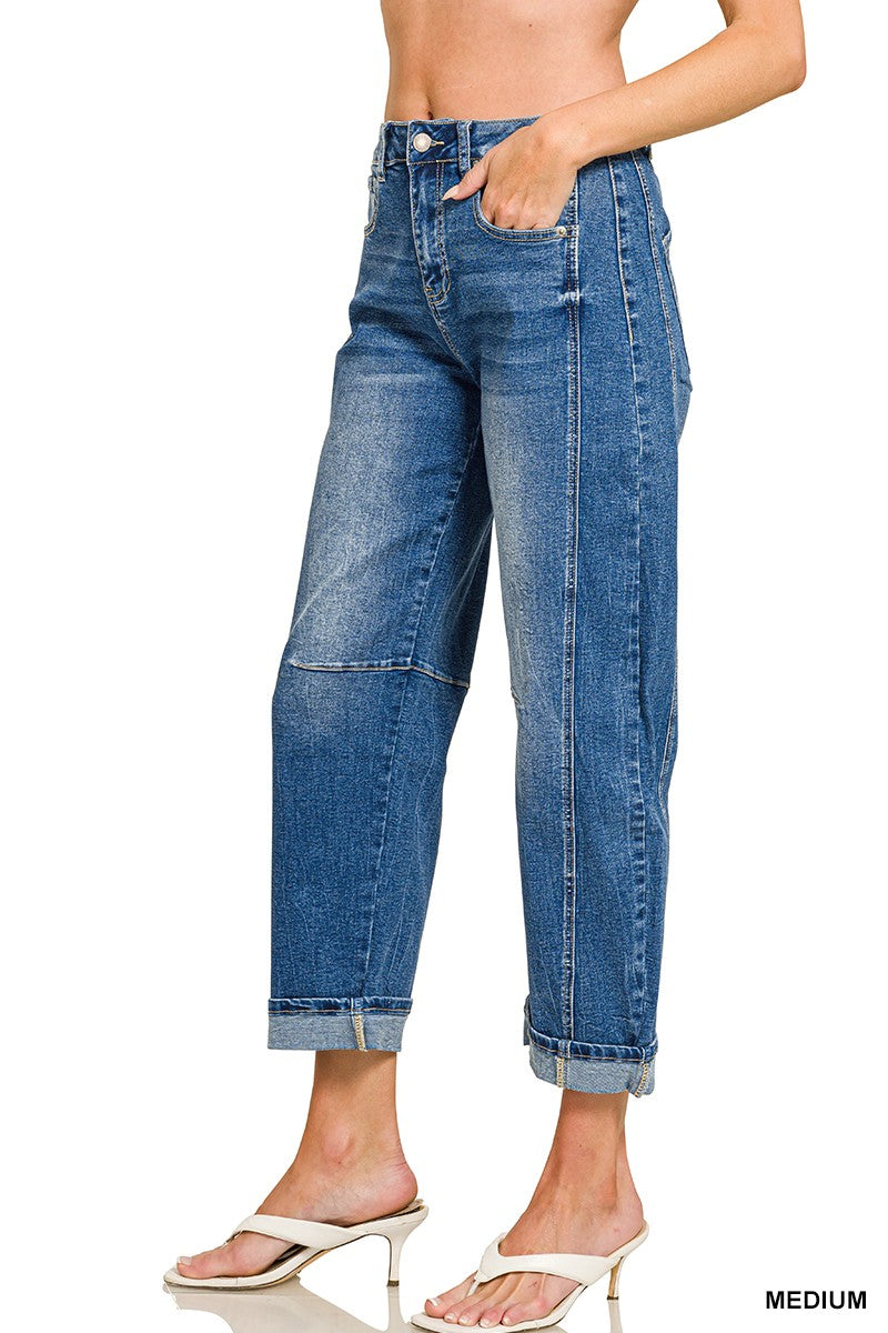 Seamed Barrel Crop Folded Denim-Med Wash