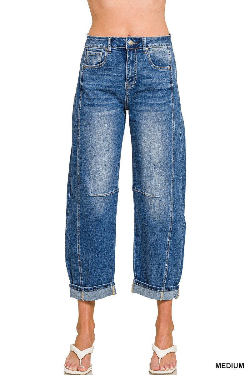 Seamed Barrel Crop Folded Denim-Med Wash