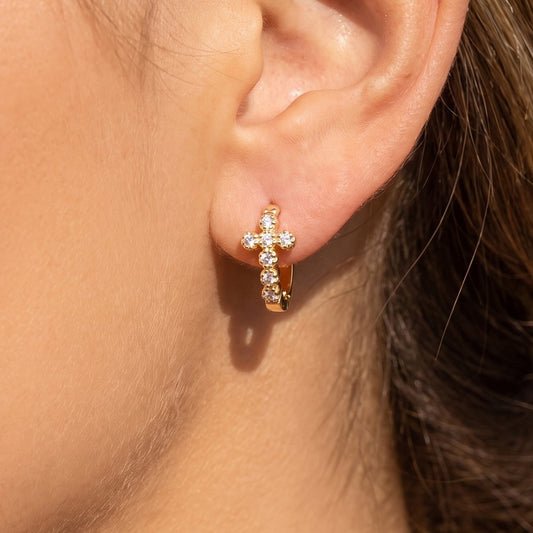 Pave Cross Huggie Hoop Earring