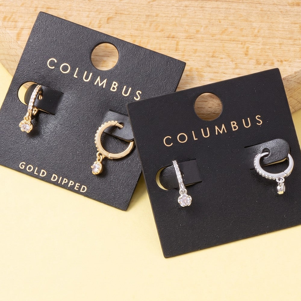 Pave Hoop Round Charm Drop Earring