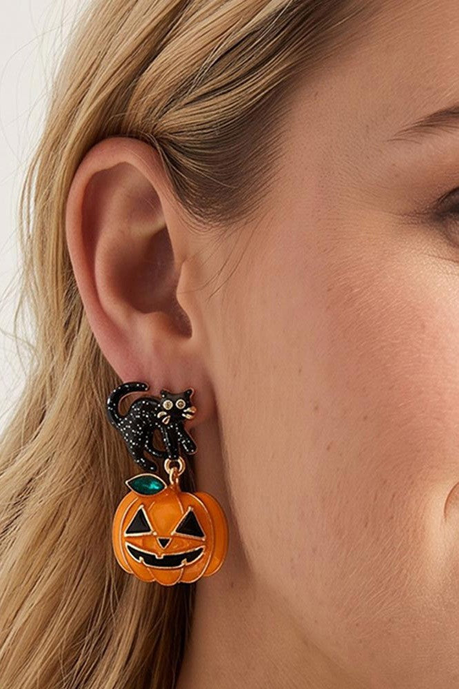 Black Cat Jack-O-Lantern Drop Earring