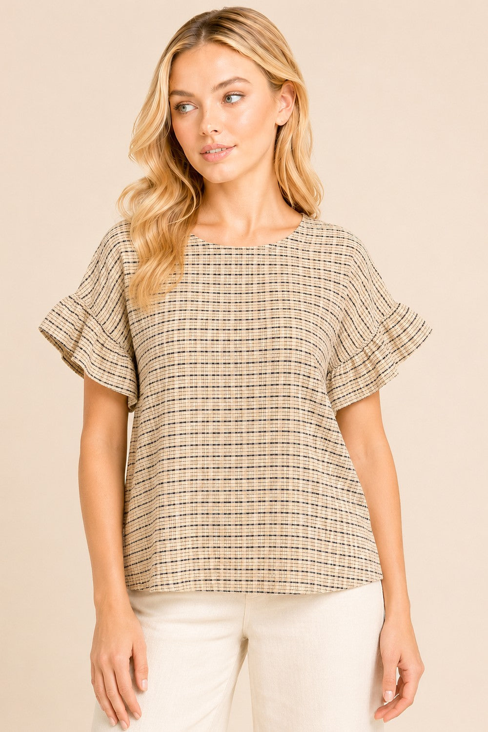 Textured Weave Ruffle Sleeve Top-Sand