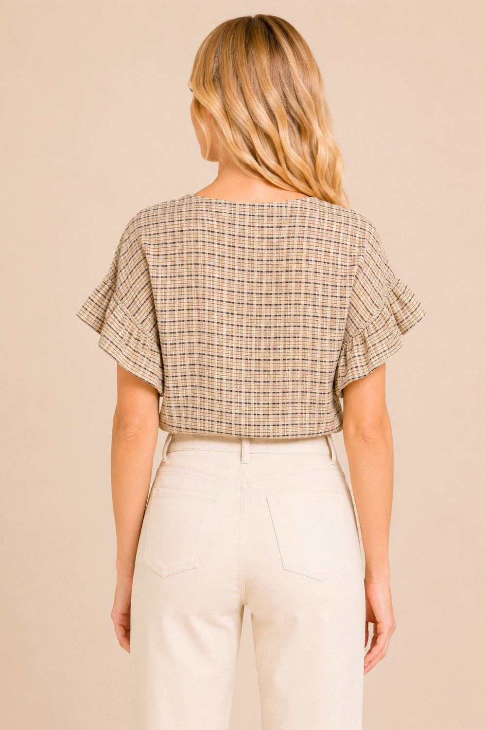 Textured Weave Ruffle Sleeve Top-Sand