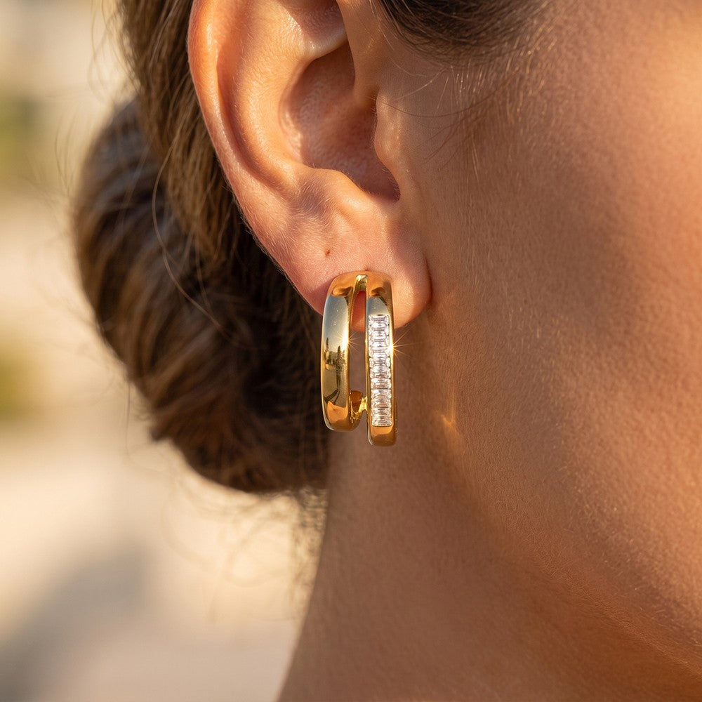 Baguette & Smooth Combo Double Hoop Earring