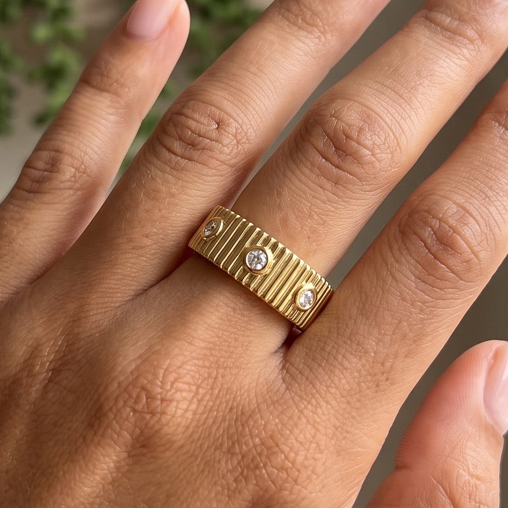 Ribbed Gold Stationary Bezel  CZ Ring