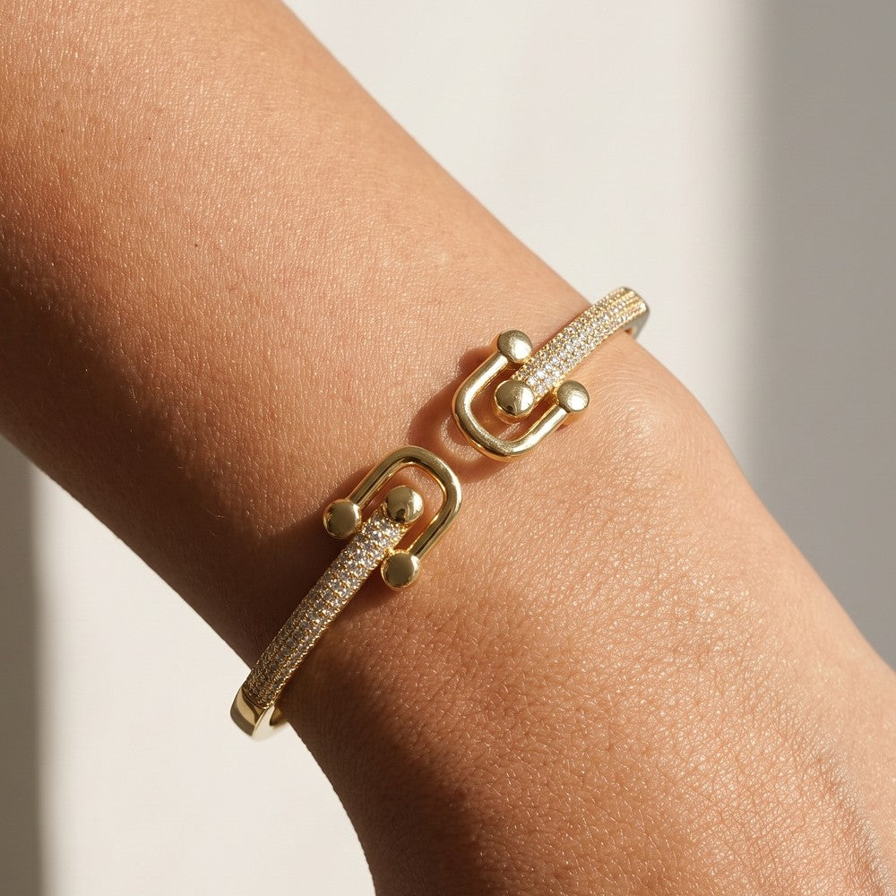 Pave Horseshoe Open Bangle Bracelet-Gold