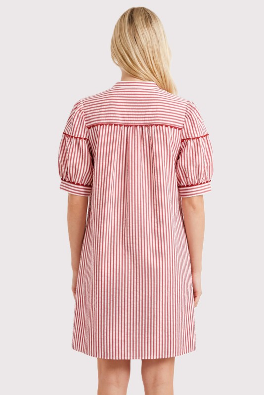 Striped Split Neck Scallop Trim Shift Dress