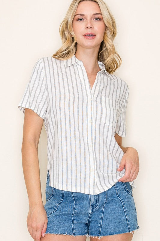 Striped Collared Button Down Top-Wht/Blk