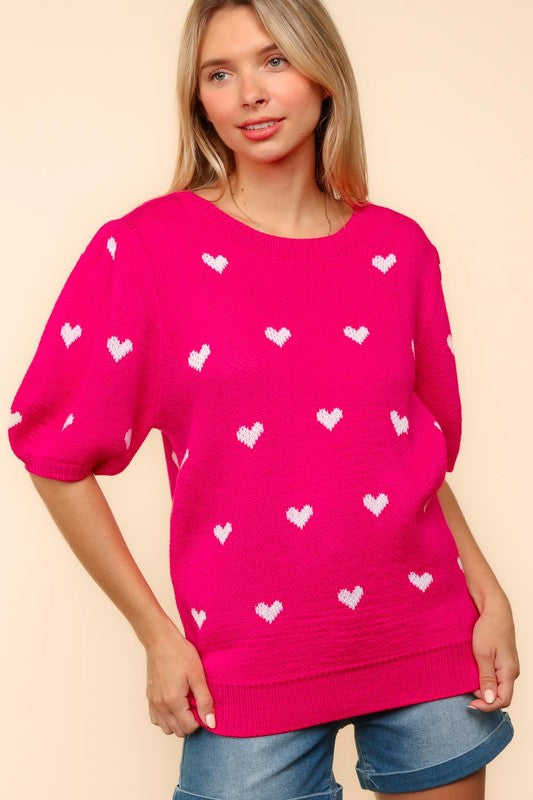 Hearts Round Neck Bubble Sleeve Sweater-Fuchsia