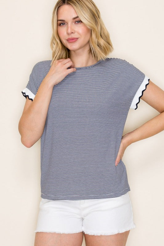 Pinstriped Scallop Edge Sleeve Top