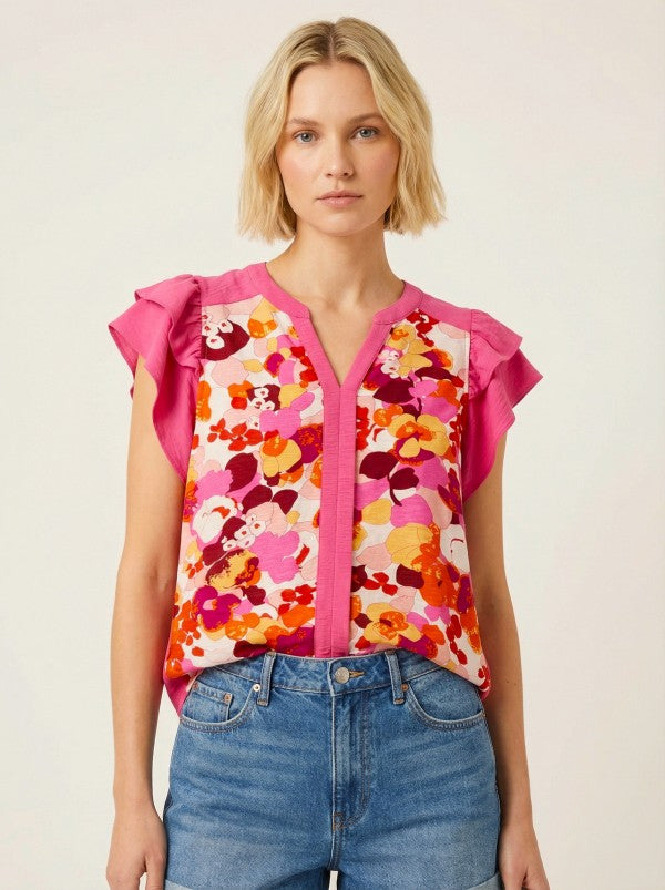 Floral Solid Contrast Trim Ruffle Sleeve Top