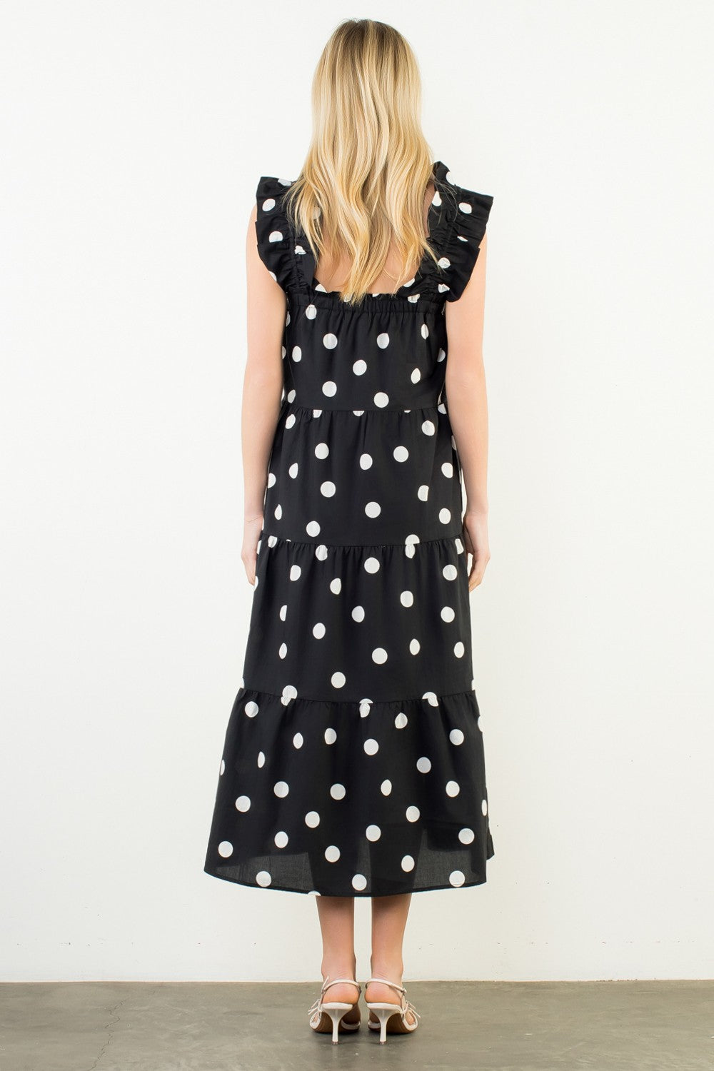 Polka Dot Wide Flutter Strap Tiered Midi Dress-Blk