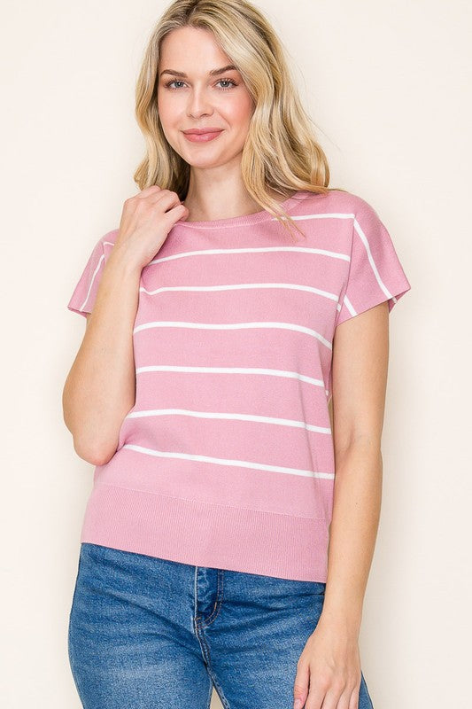 Thin Striped Crew Neck Short Sleeve Sweater-Pink