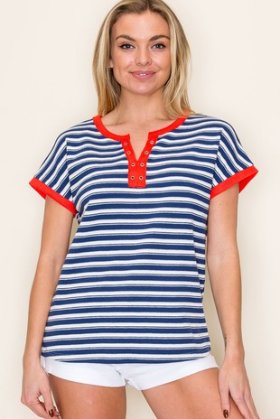 Striped Eyelet Notch Neck Contrast Trim Top-Navy