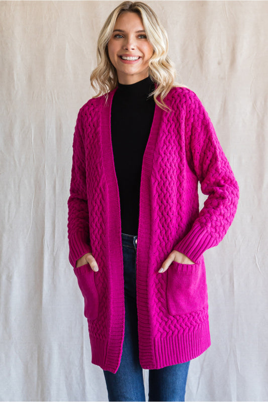Solid Textured Knit Cardigan W/ Front Pockets- Magenta