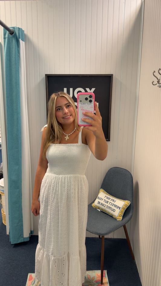 Solid Tie Strap Smocked Top Eyelet Maxi Sundress