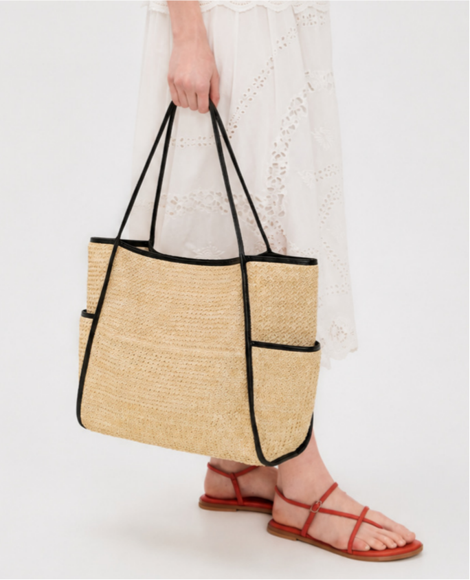 Large Straw Tote Bag Snap Woven Beach Shoulder Bag