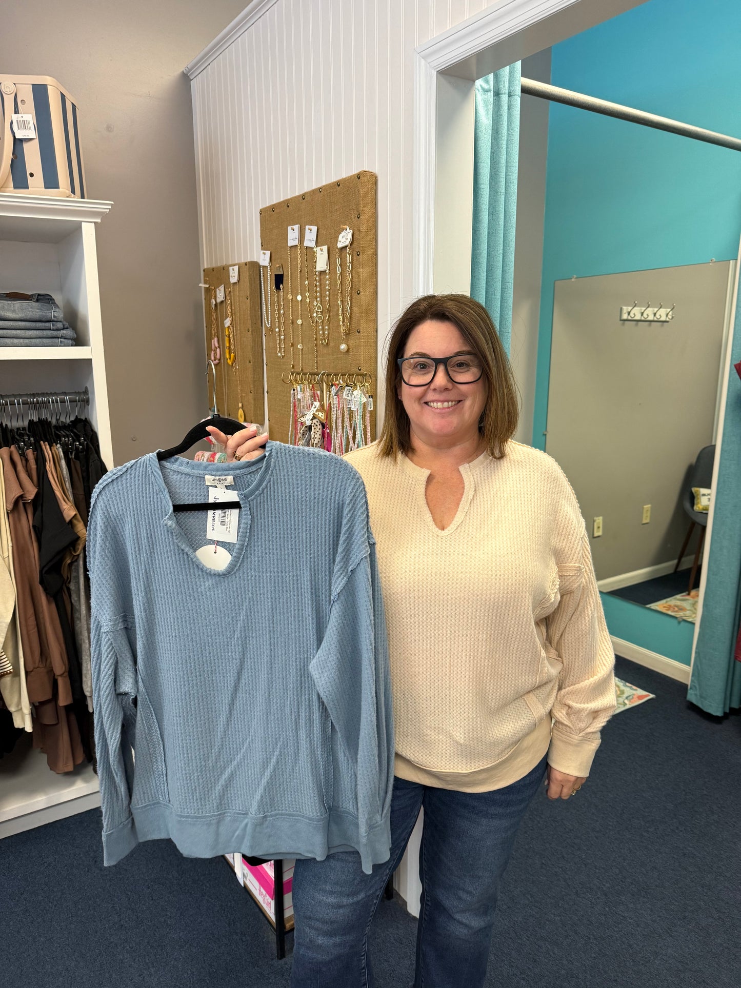 Solid Waffle Knit Rib Contrast Top