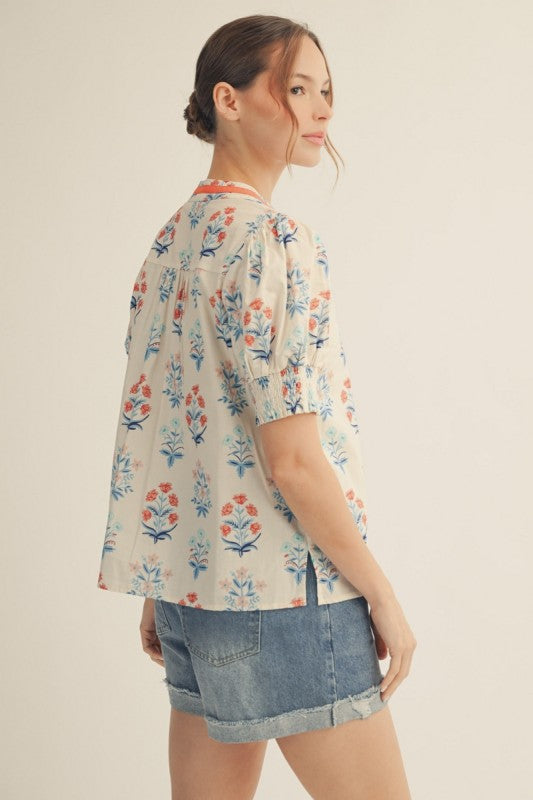Floral Smocked Cuff Contrast V-Neck Top