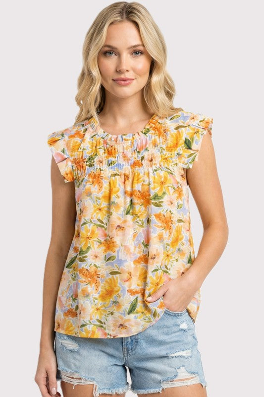 Floral Pleated Chest Ruffle Cap Sleeve Top-Mango